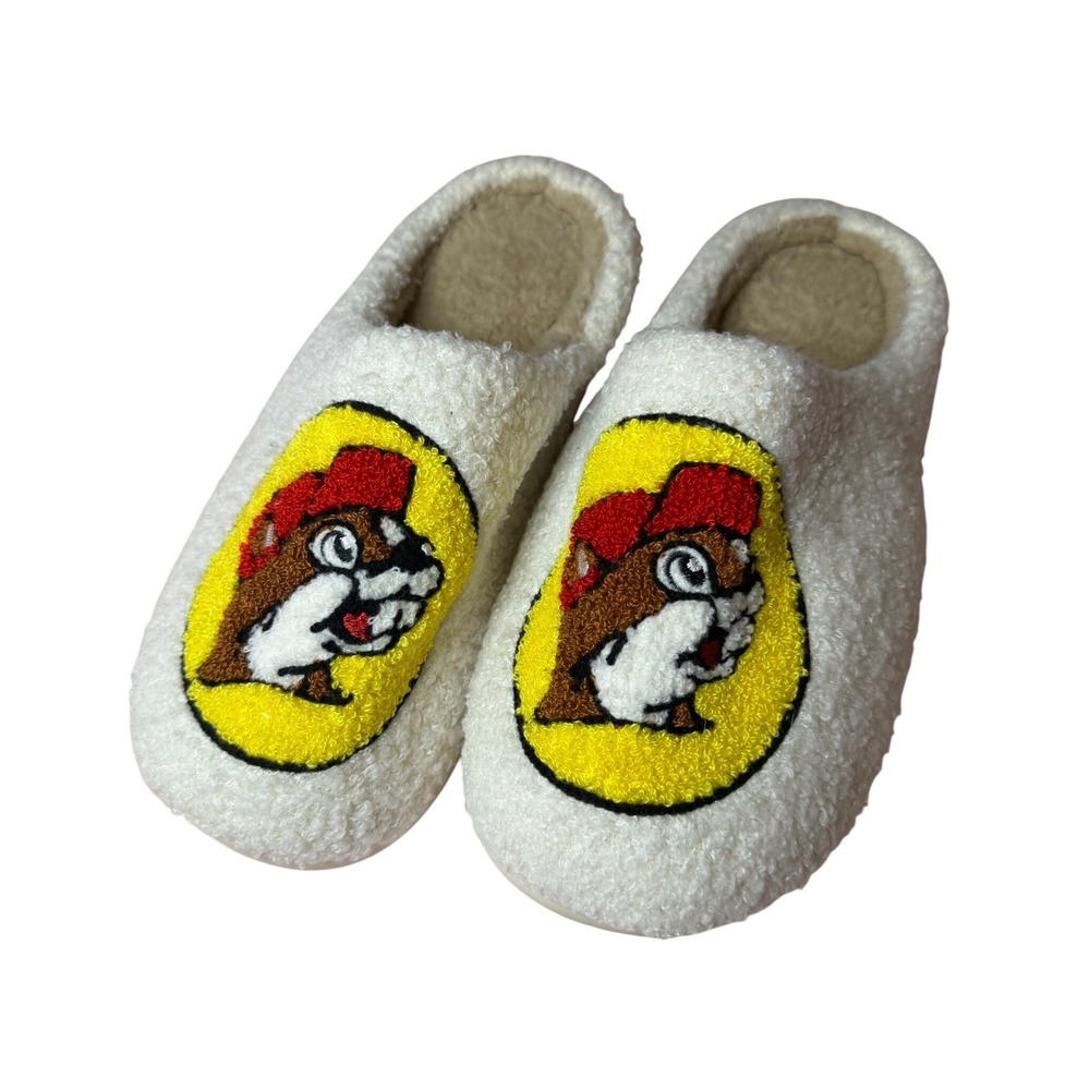 Buc-ee's White Sherpa Fuzzy Beaver Logo Cozy House Slippers Size 43-44 Womens 11